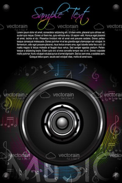 Abstract Speaker in Dark Background with Colorful Musical Notes and Sample Text